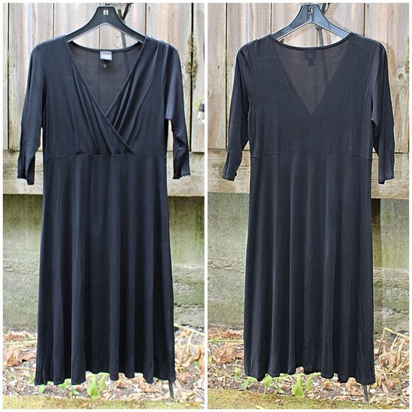 Eileen Fisher - Washable Stretch Silk Surplice (Faux Wrap) Dress, Black, PM Med - Picture 1 of 8